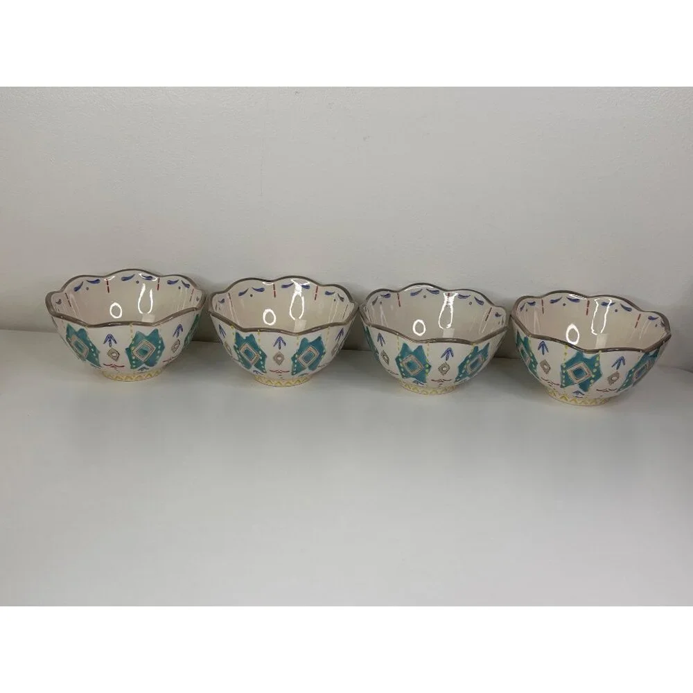 Set Of 4 Hand-Painted Southwest Aztec Boho Ceramic Bowls With Scalloped Edges